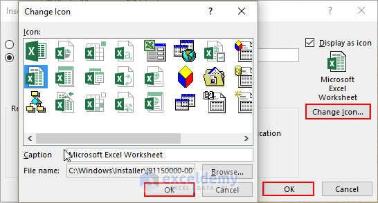 change icon for inserting excel into powerpoint