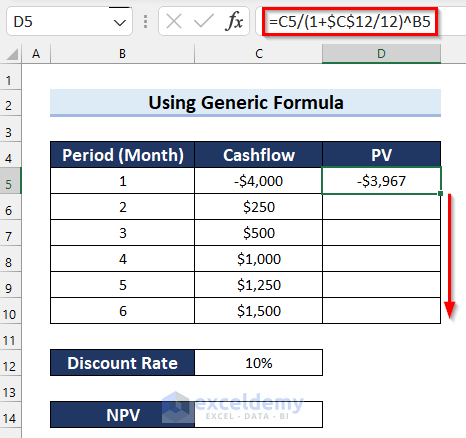 Arrastrar el identificador de relleno para copiar la fórmula NPV en Excel para el flujo de caja mensual