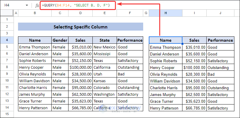 Select specific columns with Google Sheets QUERY function