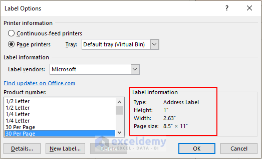 Label Options dialog box in Word Docs