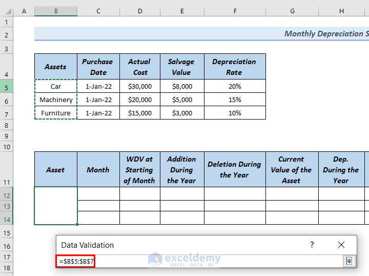 Selecting Source Cells to Create Monthly Depreciation Schedule Excel