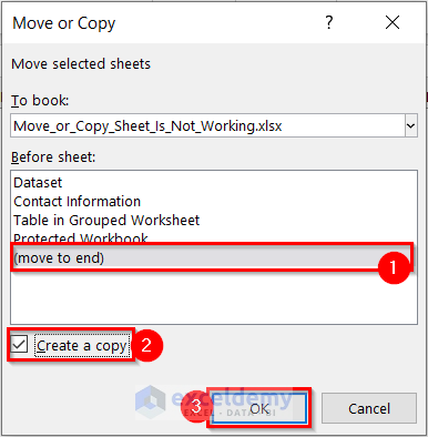 Move or Copy Dialog box in Excel While not Working