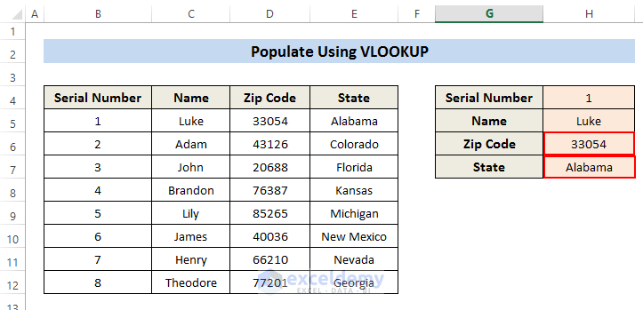 auto populating Zip Code with Excel VLOOKUP