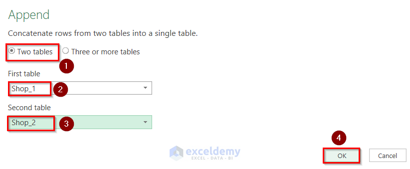 Opening Append Box to Create Table from Multiple Sheets in Excel
