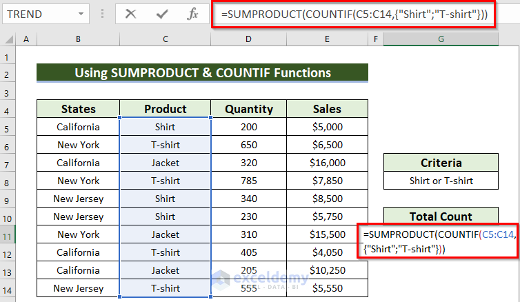 Applying SUMPRODUCT & COUNTIF Functions within Same Range for Multiple Criteria
