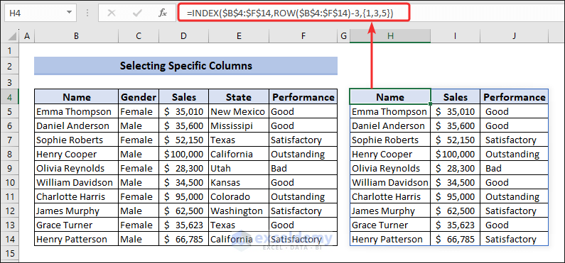 Select specific columns with Excel equivalent of QUERY function