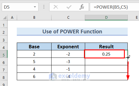 Using Fill Hanlde tool for Negative Exponents in Excel
