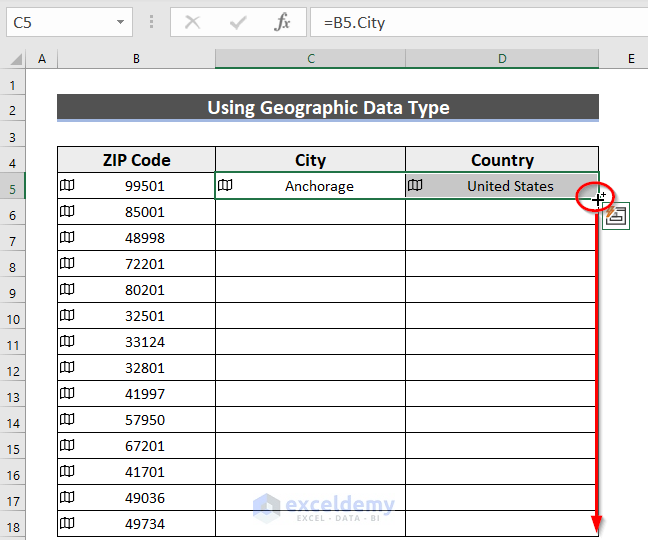 Use of Fill Handle icon for other ZIP Codes in Excel 