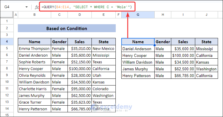 Extract values with Google Sheets QUERY function based on condition