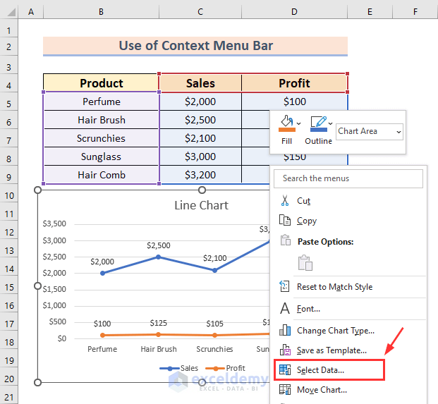 Use of Context Menu Bar as Solution to not Disappear Excel Chart When Data Is Hidden 