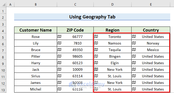 Final Result for Applying Geographic Data Type to Map Data by ZIP Code in Excel
