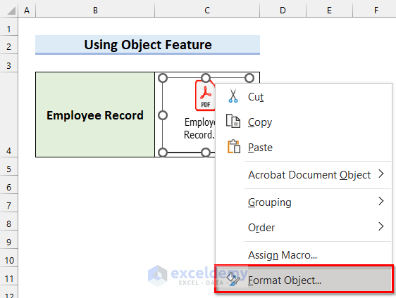 Selecting Format Object to Attach PDF file in Excel