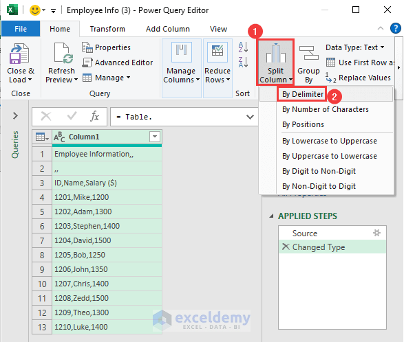choose By Delimiter to split column in power query