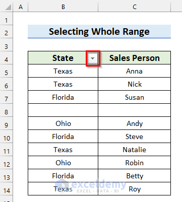 Selecting Filter Button When Excel Filter Is Not Working After Certain Row