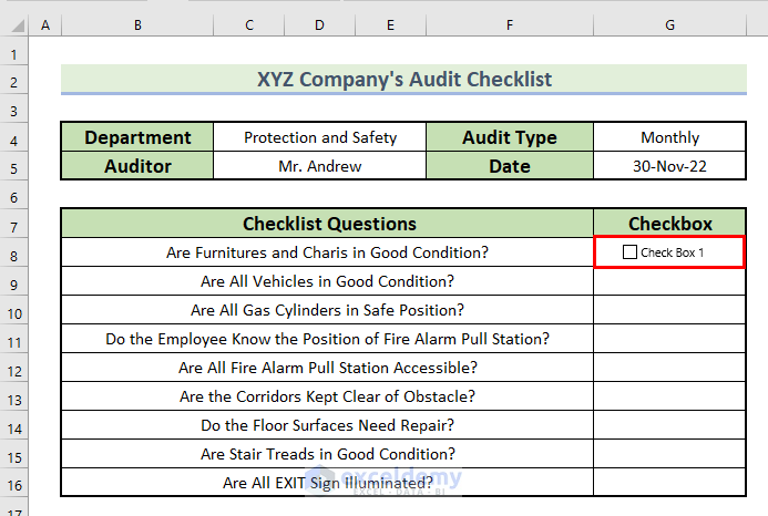 Inserting Checkbox to Create an Audit Checklist in Excel
