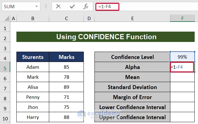 finding out alpha to calculate 99 confidence interval in excel
