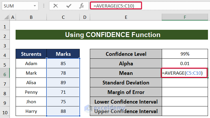 calculating mean to calculate 99 confidence interval in excel