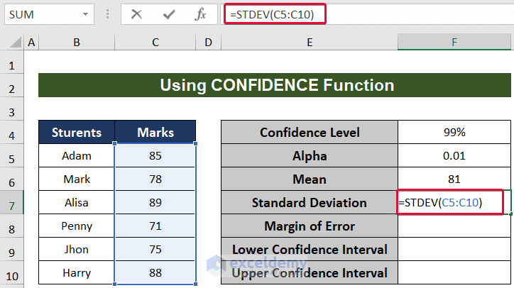 calculating standard deviation to calculate 99 confidence interval in excel
