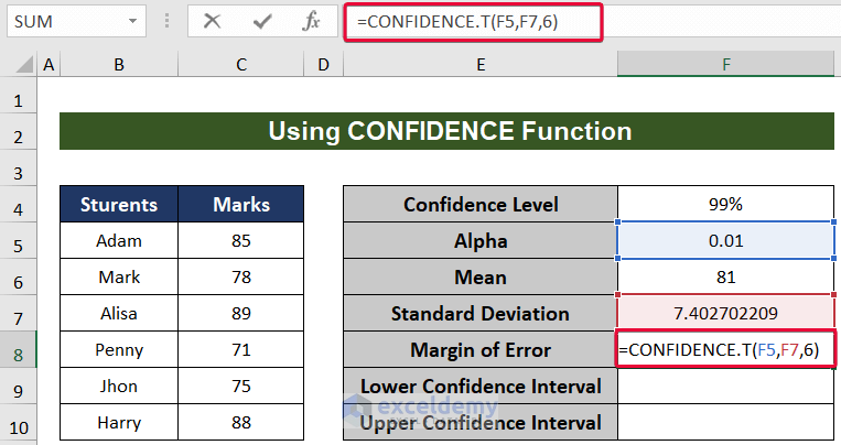 evaluating margin of error to calculate 99 confidence interval in excel