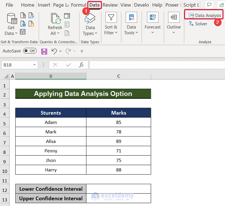 selecting data analysis tab to calculate 99 confidence interval in excel