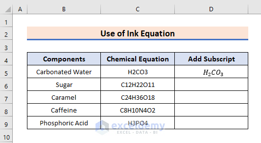How to write subscript in Excel output using ink equation