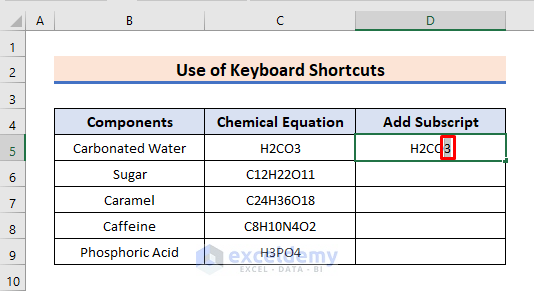 Escribir subíndice usando atajos de teclado en Excel