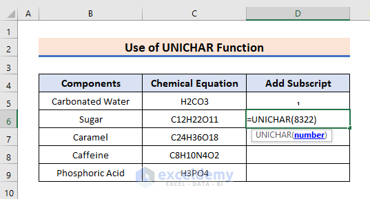 Inserte la función UNICHAR de Excel para agregar un subíndice