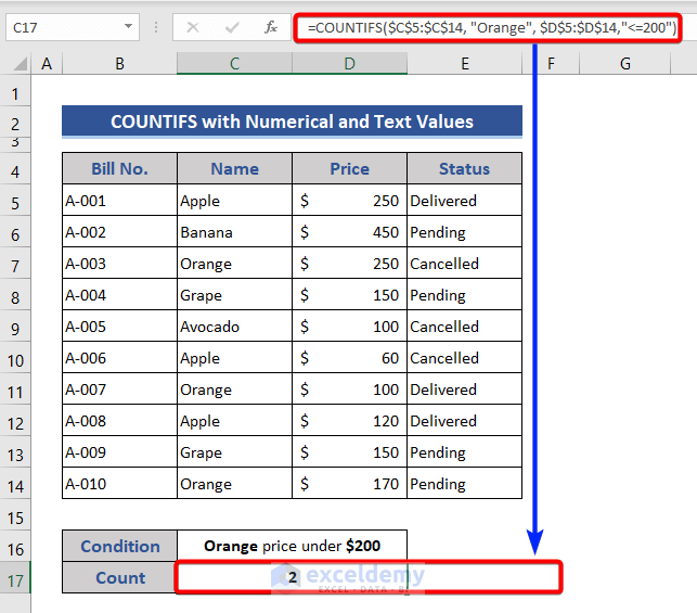Insert Text and Numerical references with COUNTIFS in Excel