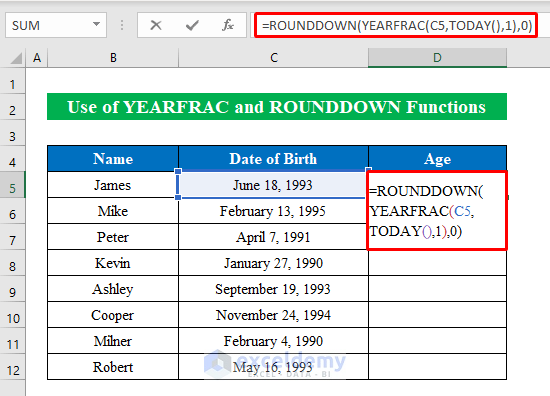 Calculating Age from Current Date with YEARFRAC and ROUNDDOWN Functions