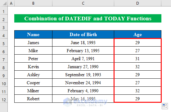 ageing formula in excel with current date