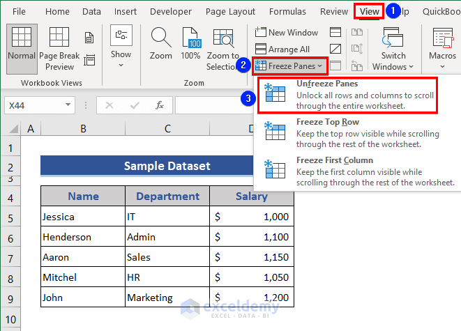 Solve arrows keys not working problem in Excel by unfreezing columns or rows