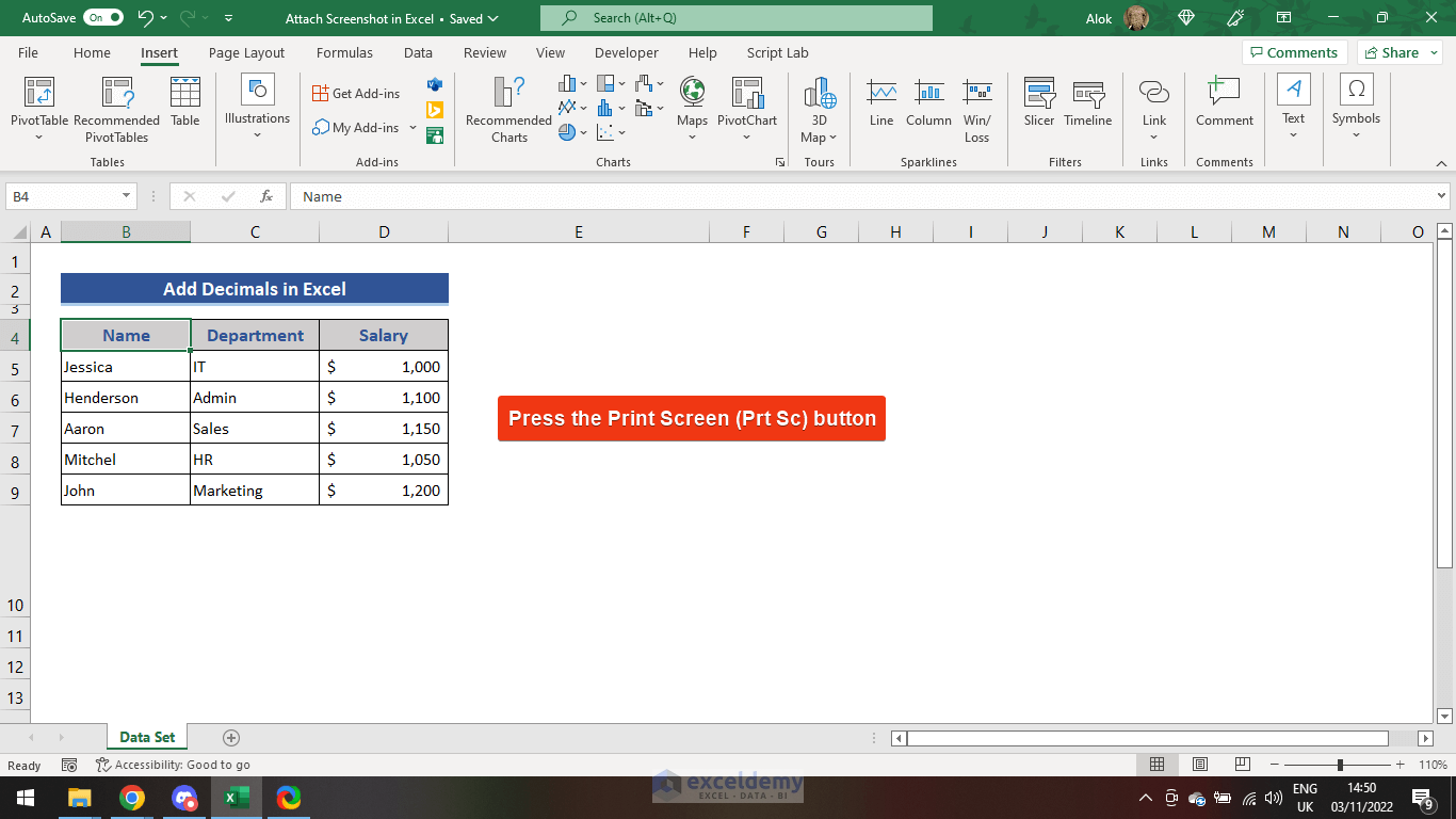 Take screenshot by Keyboard shortcut to attach in Excel