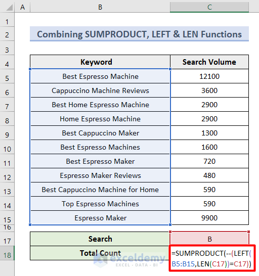 Combine SUMPRODUCT, LEFT & LEN Functions to Count Particular Text at Start