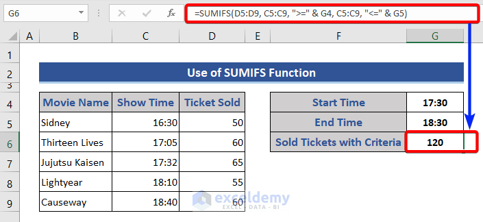 SUMIFS Function to Sum Values Between Time Range