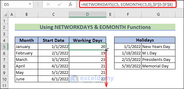 Calculating Workdays by EOMOMTH & NETWORKDAYS Functions
