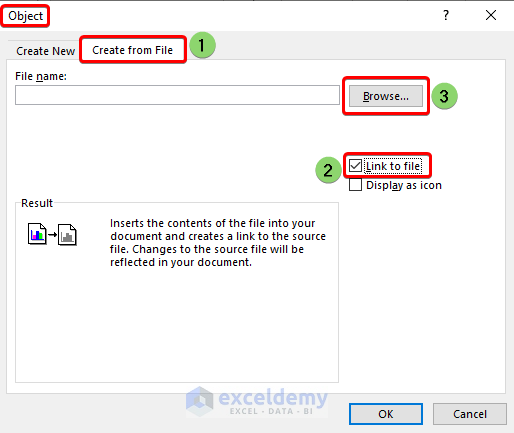 Under Create from File, Check the box Link to file and select Browse