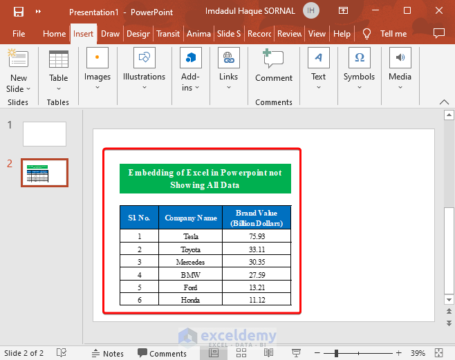 Solve If Embedded Excel in Powerpoint Not Showing All Data