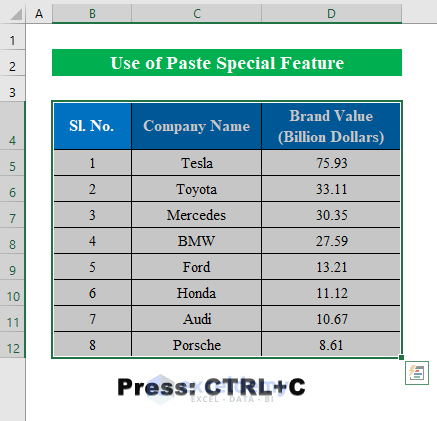 Use Paste Special Feature to Copy Table with Formatting