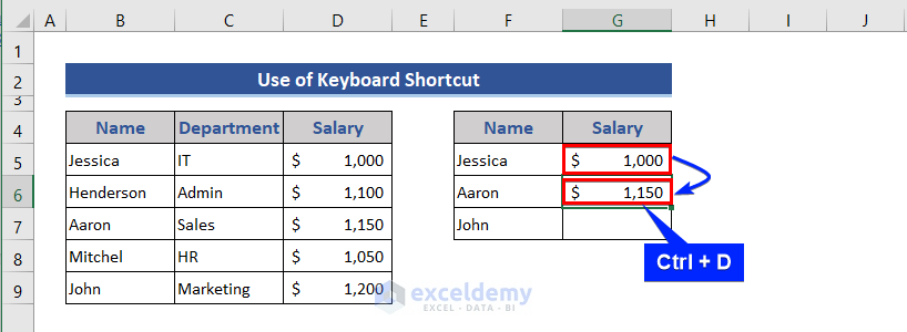 Copy formula in Excel by keyboard shortcut