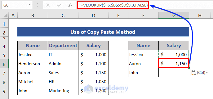 VLOOKUP formula copied by pasting