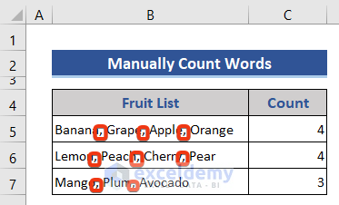 Count Words in Cell Manually in Excel