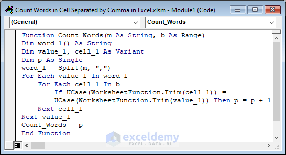 Count Words in Cell Separated using a UDF formed by VBA 