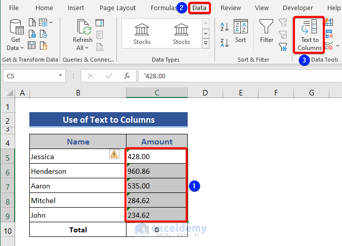 Solve Currency Sum Not Working using text to columns feature