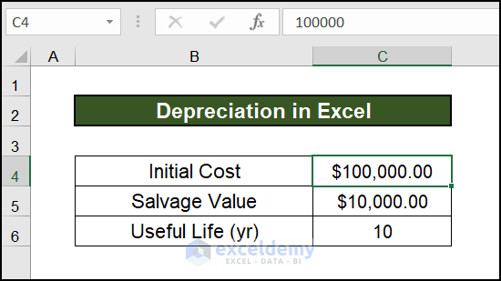 A dataset, with Initial Cost, Useful Life, and Salvage Value: Calculate Declining Balance Depreciation with Formula