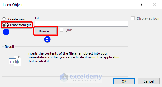 Choose file to Embed Excel into PowerPoint
