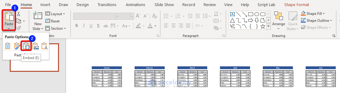 Embed Excel into PowerPoint from ribbon