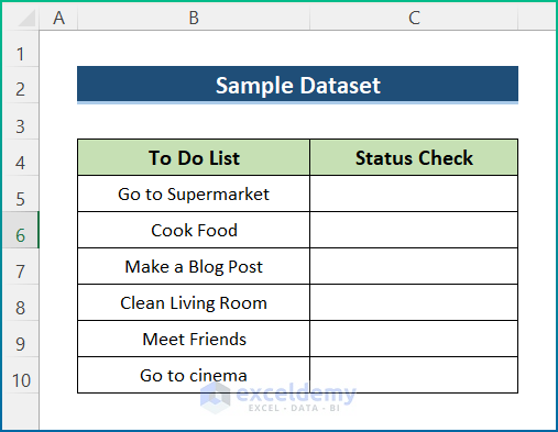 Conjunto de datos de muestra de formato condicional de lista de verificación de Excel