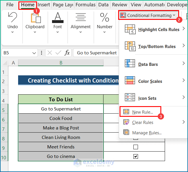 Aplicar formato condicional en la lista de verificación en Excel