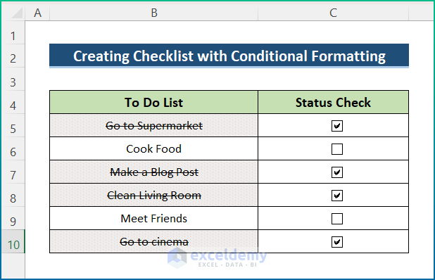 Formato condicional de la lista de verificación de Excel