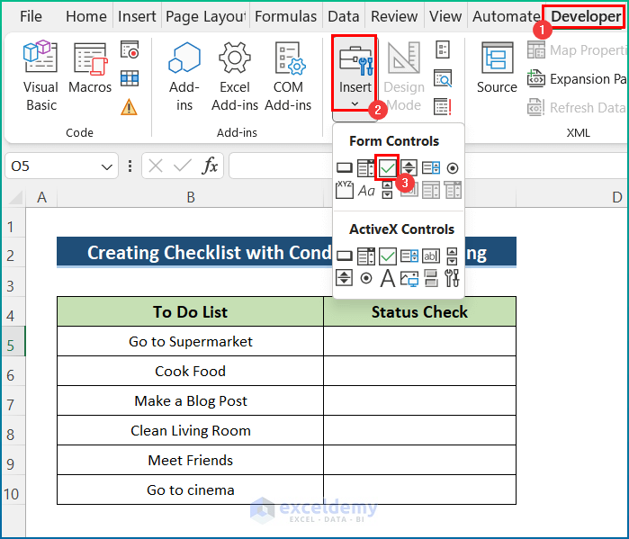 Crear casillas de verificación para crear formato condicional de lista de verificación en Excel